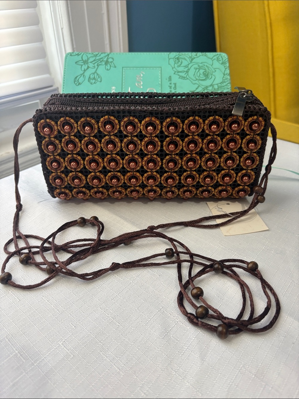 Handcrafted Brown Beaded Crossbody Bag